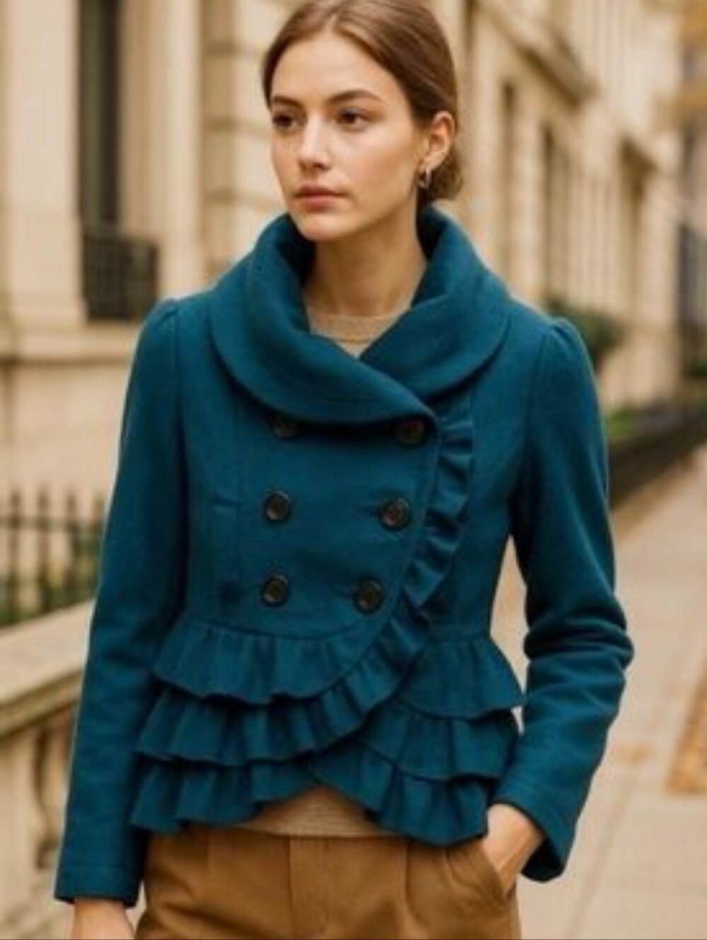 Anthropologie Elevenses Frilled Echelon Boiled Wool Double Breasted Peacoat
